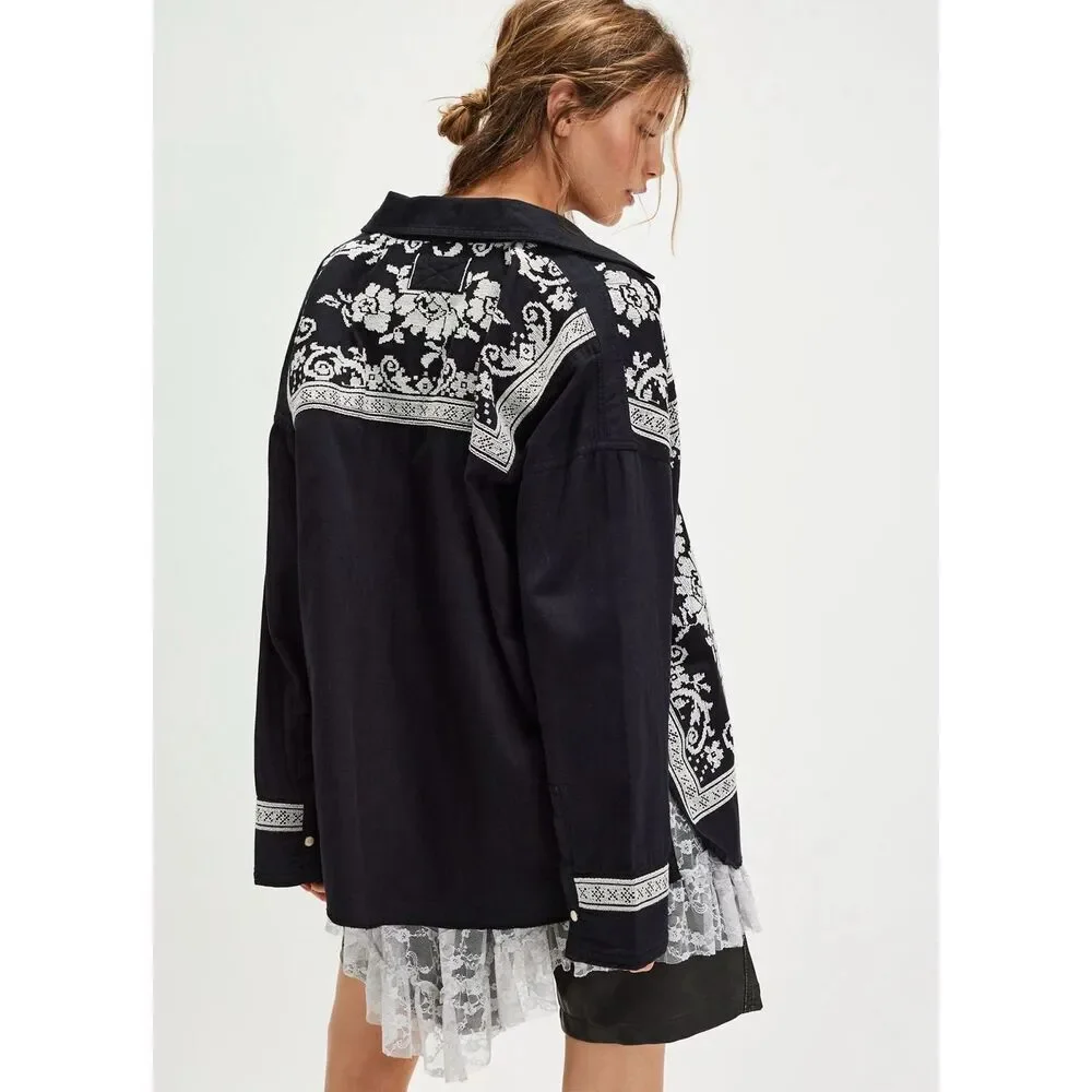 Free People Lace Embroidered Denim Buttondown Shirt